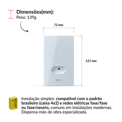 Interruptor Inteligente Zigbee 2 Botões Com Tomada 10A 4x2 Bivolt Branco Neo