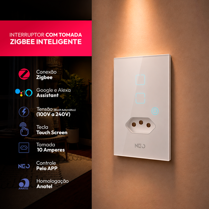 Interruptor Inteligente Zigbee 2 Botões Com Tomada 10A 4x2 Bivolt Branco Neo
