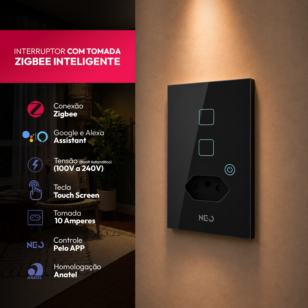 Interruptor Inteligente Zigbee 2 Botões Com Tomada 10A 4x2 Bivolt Preto Neo