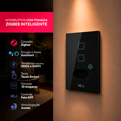 Interruptor Inteligente Zigbee 2 Botões Com Tomada 10A 4x2 Bivolt Preto Neo