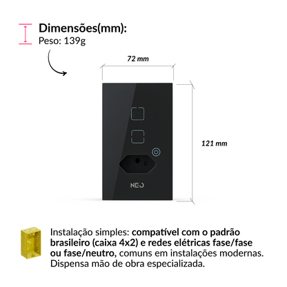 Interruptor Inteligente Zigbee 2 Botões Com Tomada 10A 4x2 Bivolt Preto Neo