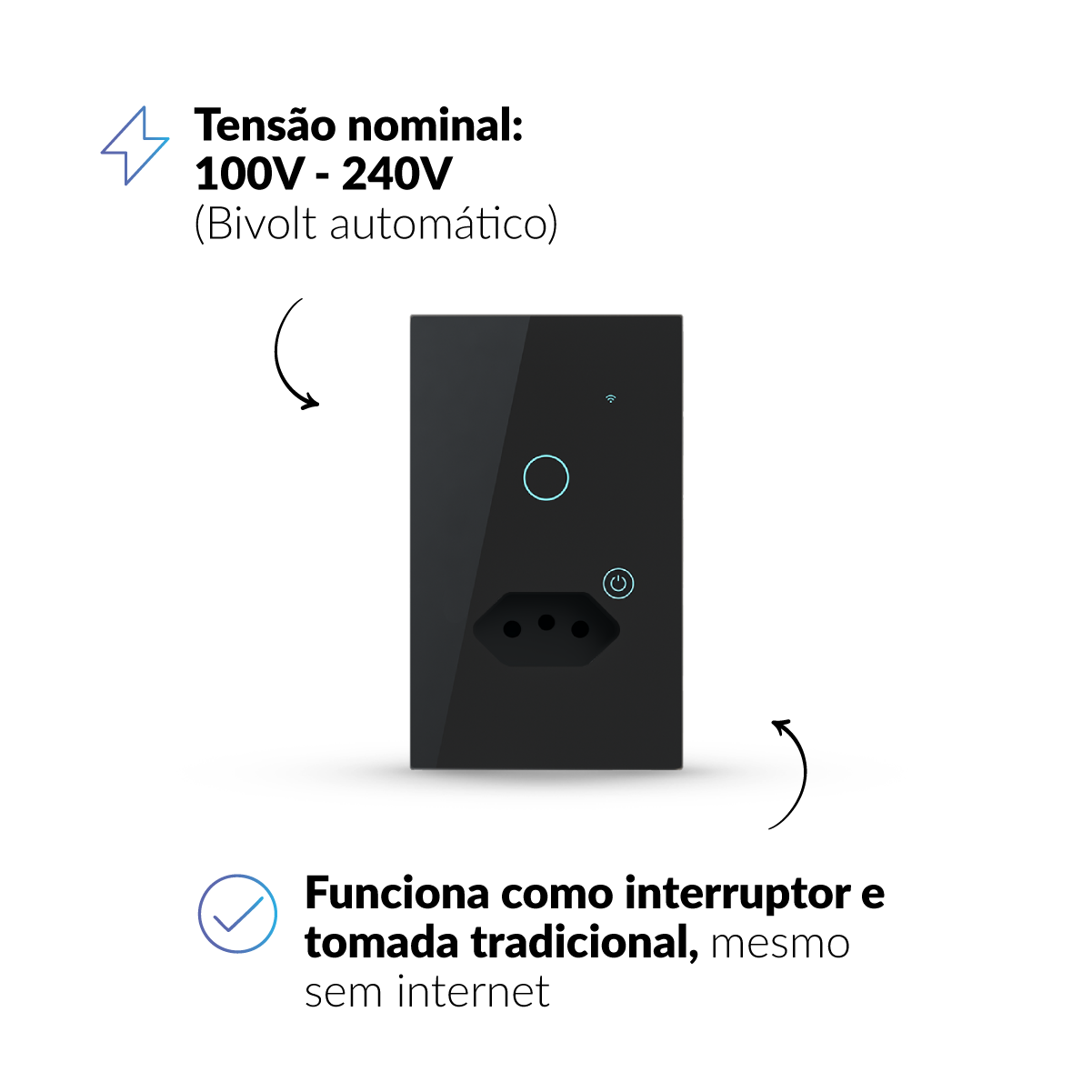 Interruptor Inteligente Smart Wi-Fi 1 Botão Com Tomada 4x2 Bivolt Preto Neo Avant