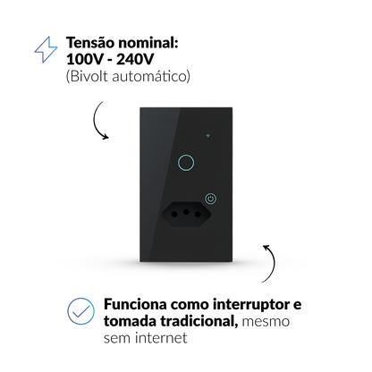 Interruptor Inteligente Smart Wi-Fi 1 Botão Com Tomada 4x2 Bivolt Preto Neo Avant