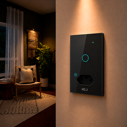 Interruptor Inteligente Wifi 1 Botão Com Tomada 10A 4x2 Bivolt Preto Neo