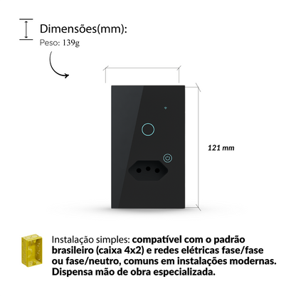 Interruptor Inteligente Smart Wi-Fi 1 Botão Com Tomada 4x2 Bivolt Preto Neo Avant
