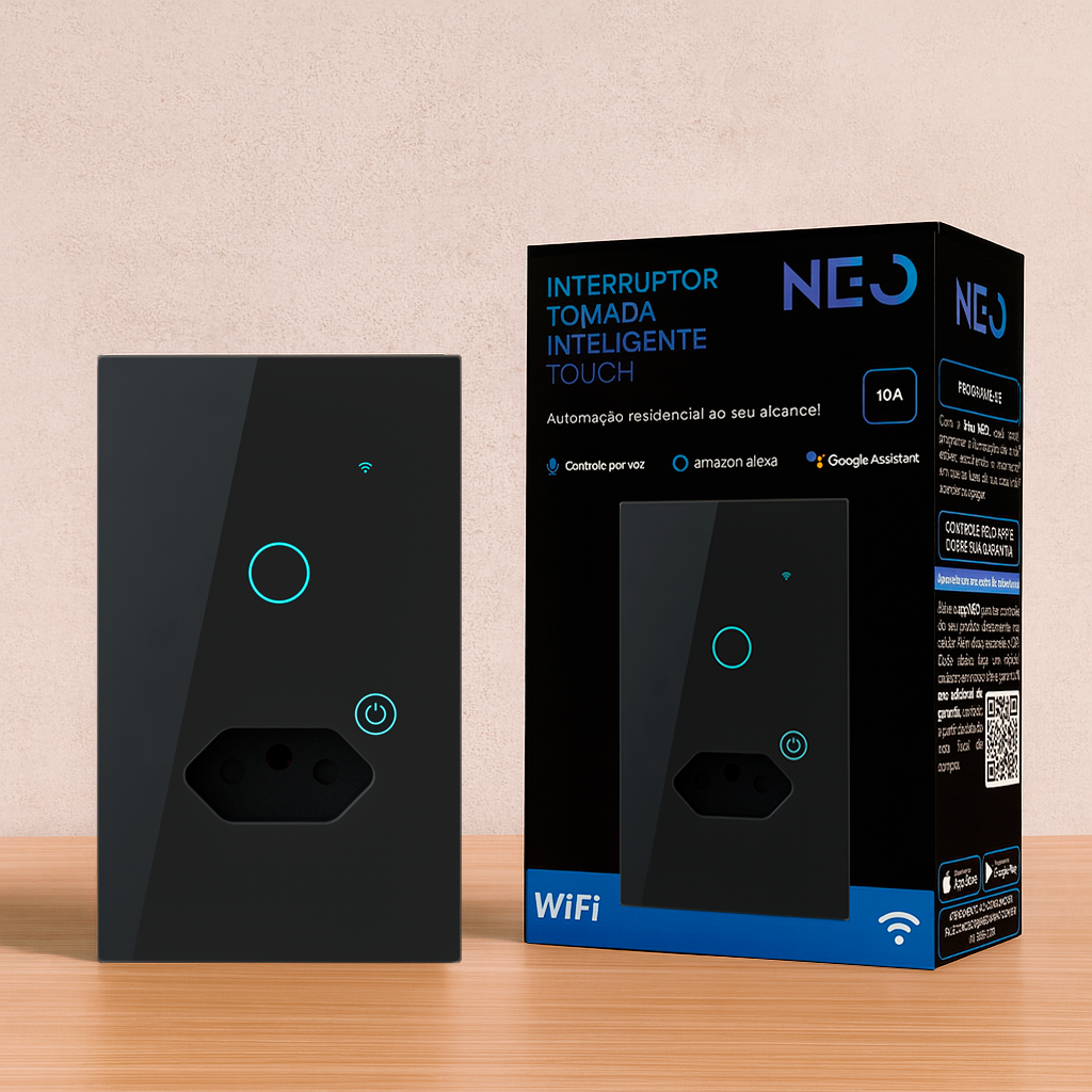 Interruptor Inteligente Smart Wi-Fi 1 Botão Com Tomada 4x2 Bivolt Preto Neo Avant