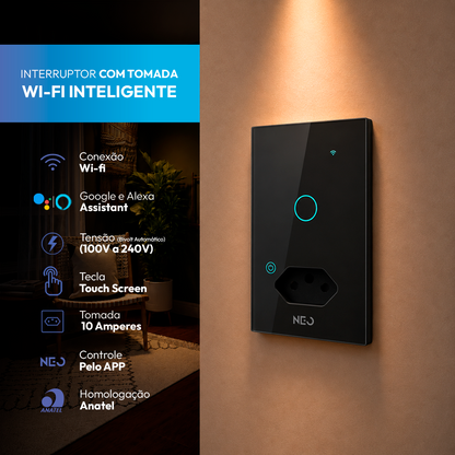 Interruptor Inteligente Wifi 1 Botão Com Tomada 10A 4x2 Bivolt Preto Neo