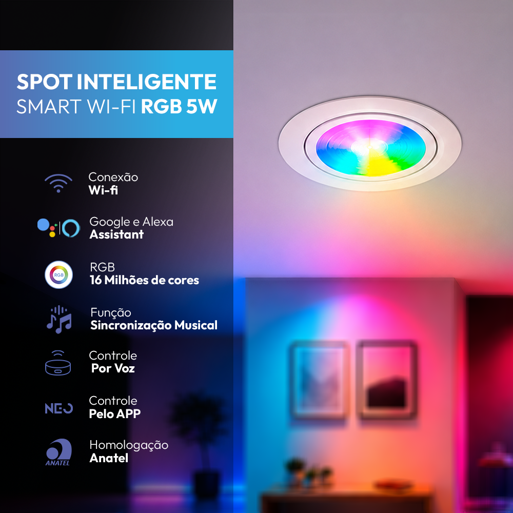 Spot Led Inteligente Wifi Embutir 5w RGB Bivolt Redondo Branco Neo