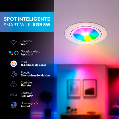 Spot Led Inteligente Wifi Embutir 5w RGB Bivolt Redondo Branco Neo