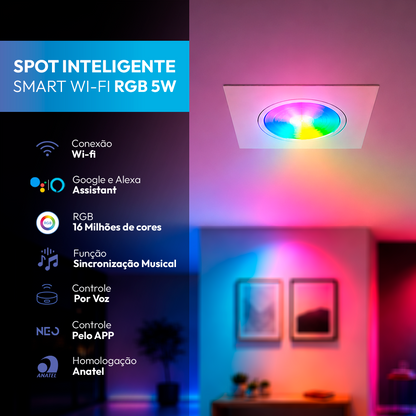 Spot Led Inteligente Wifi Embutir 5w RGB Bivolt Quadrado Branco Neo