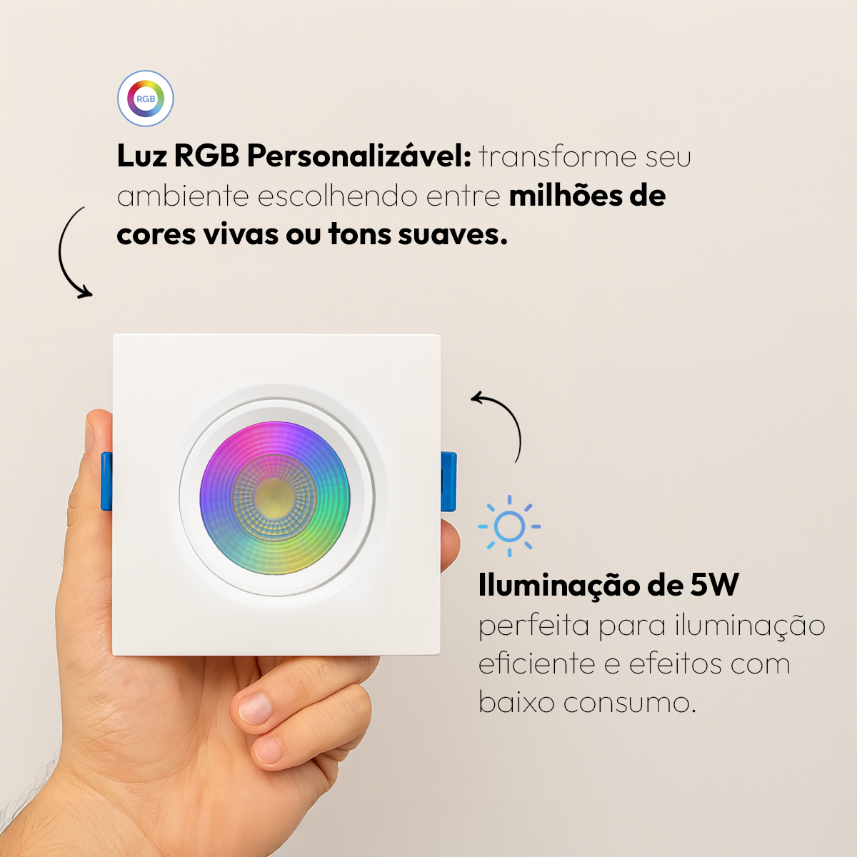 Spot Led Inteligente Wifi Embutir 5w RGB Bivolt Quadrado Branco Neo