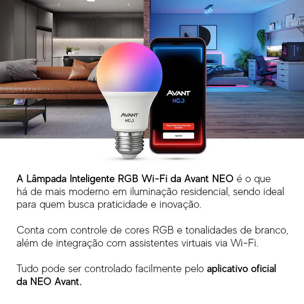 Kit Automação Lâmpada RGB 15w Interruptor 1 botão Tomada Inteligente Preto Wi-Fi 4x2 Bivolt Neo Avant - NEO Avant