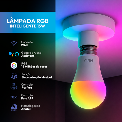 Lâmpada Led Pera Inteligente Wifi 15w RGB E27 Bivolt Neo