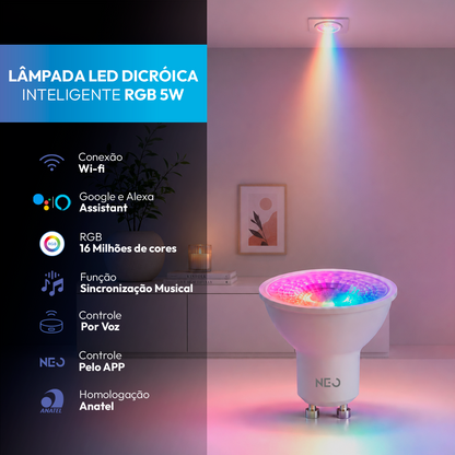 Lâmpada Led Dicróica MR16 Inteligente Wifi 5w 2700K/6500K RGB GU10 Branco Neo
