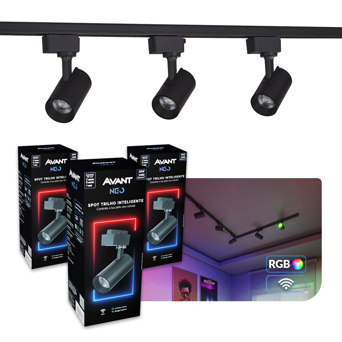 Kit 3 Spot Led Trilho Smart Inteligente 1 Metro 30 e 60w RGB Bivolt Branco Neo Avant - NEO Avant