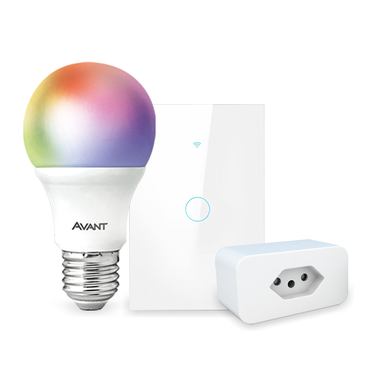 Kit Casa Conectada Smart Wi-fi 2.4 GHz Lâmpada RGB + Interruptor 1 Botão Branco + Tomada Inteligente Neo Avant