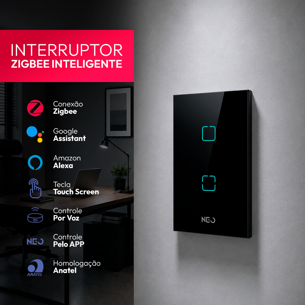 Interruptor Inteligente Zigbee 2 Botões 4x2 Bivolt Preto Neo