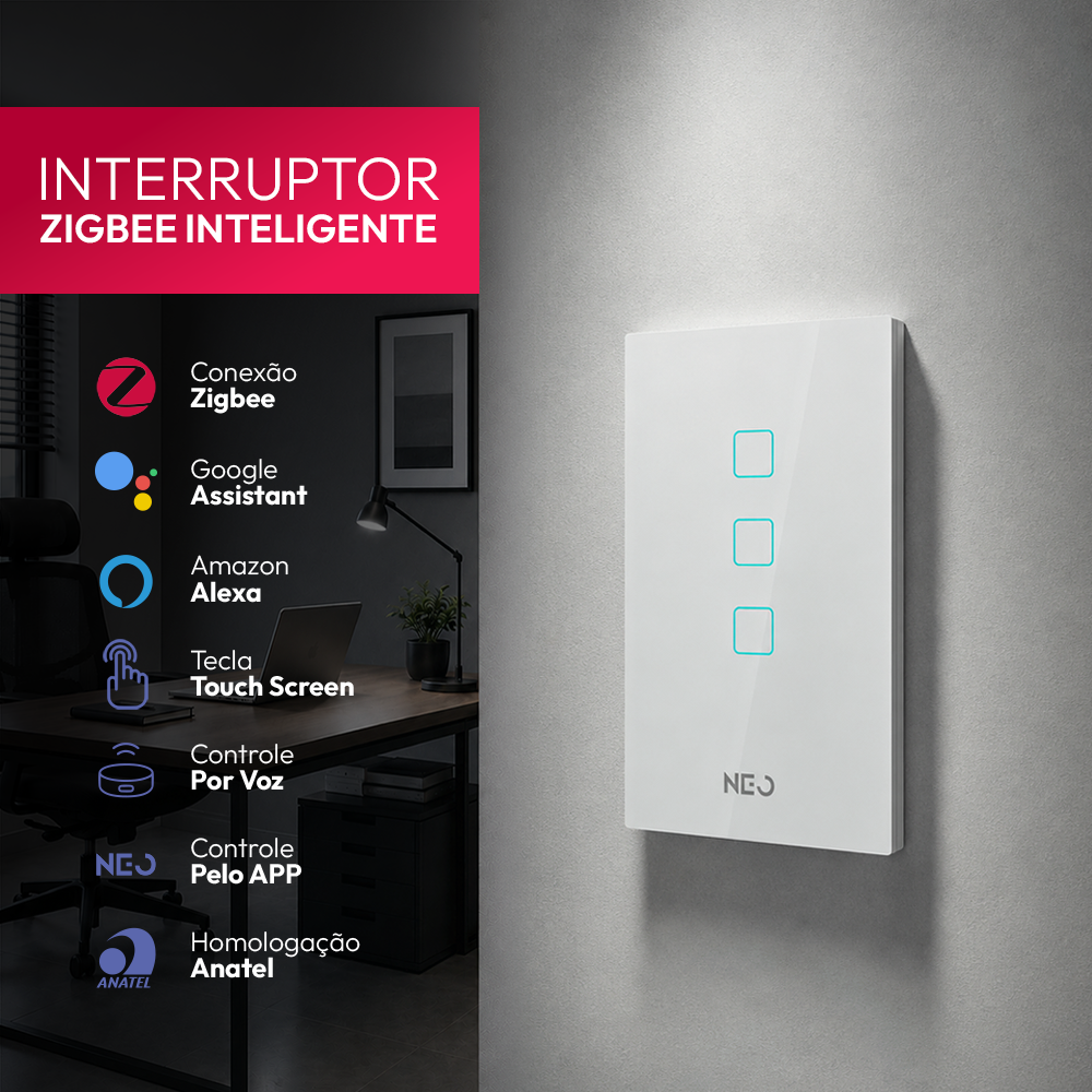 Interruptor Inteligente Zigbee 3 Botões 4x2 Bivolt Branco Neo
