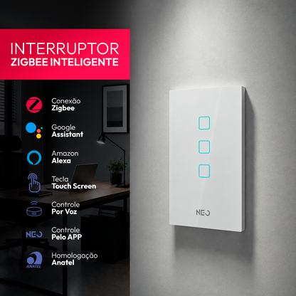 Interruptor Inteligente Zigbee 3 Botões 4x2 Bivolt Branco Neo