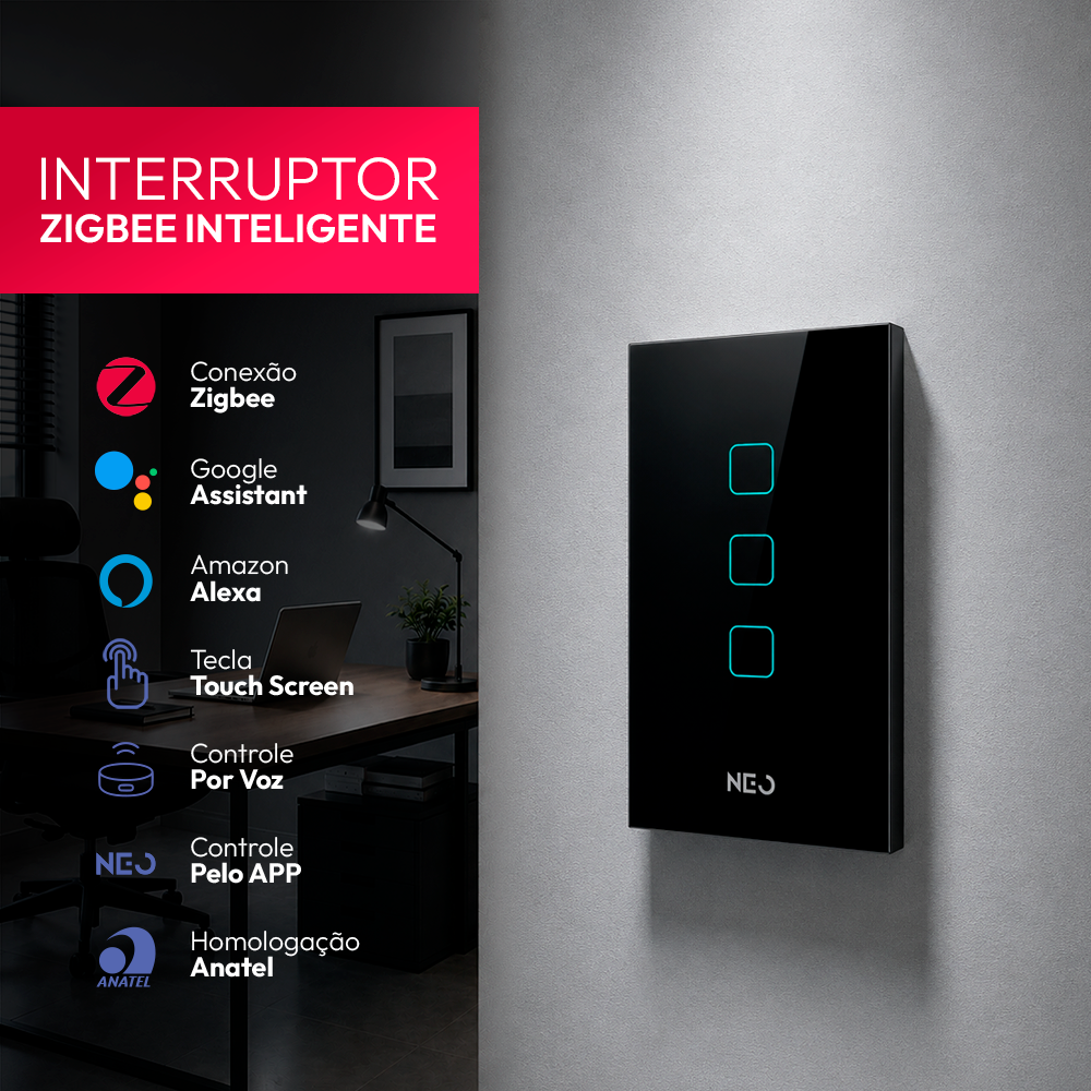 Interruptor Inteligente Zigbee 3 Botões 4x2 Bivolt Preto Neo