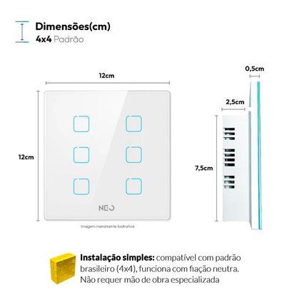 Interruptor Inteligente Zigbee 6 Botões 4x4 Bivolt Branco Neo