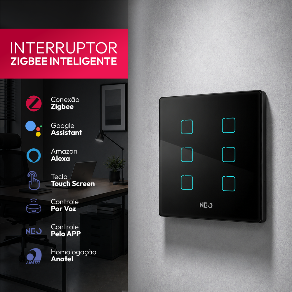 Interruptor Inteligente Zigbee 6 Botões 4x4 Bivolt Preto Neo