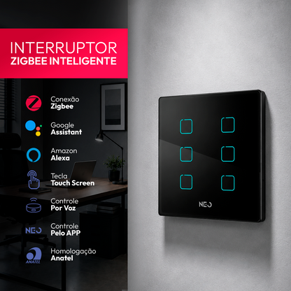 Interruptor Inteligente Zigbee 6 Botões 4x4 Bivolt Preto Neo