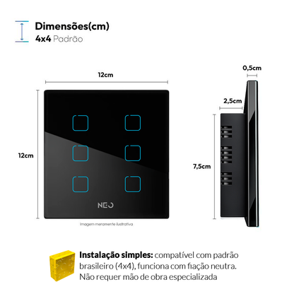 Interruptor Inteligente Zigbee 6 Botões 4x4 Bivolt Preto Neo