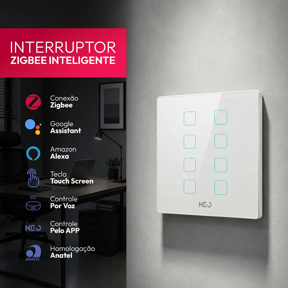Interruptor Inteligente Zigbee 8 Botões 4x4 Bivolt Branco Neo