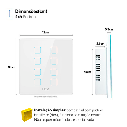 Interruptor Inteligente Zigbee 8 Botões 4x4 Bivolt Branco Neo