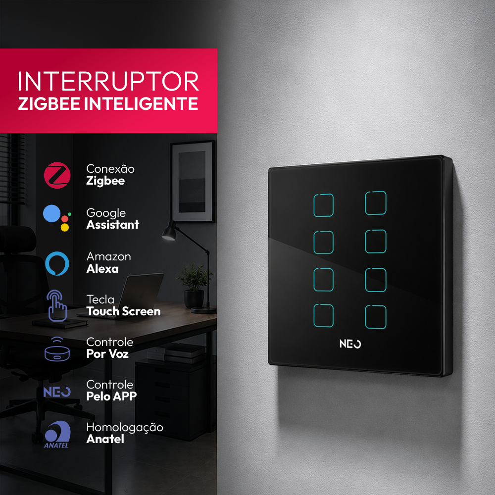 Interruptor Inteligente Zigbee 8 Botões 4x4 Bivolt Preto Neo
