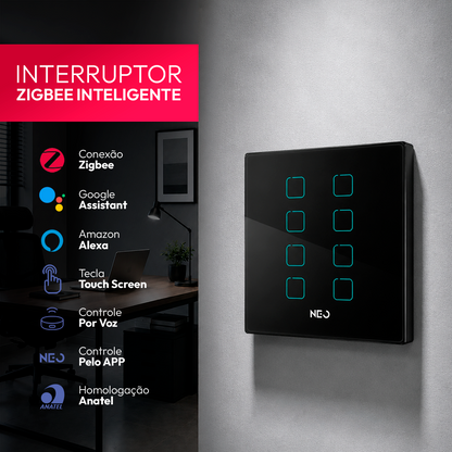Interruptor Inteligente Zigbee 8 Botões 4x4 Bivolt Preto Neo