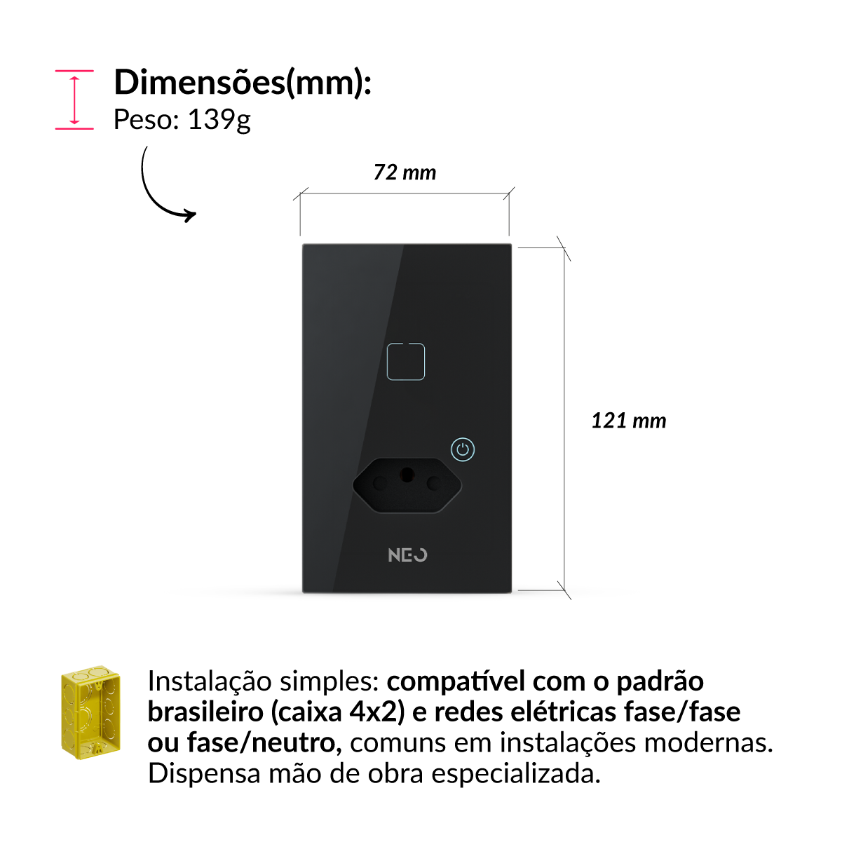 Interruptor Inteligente Zigbee 1 Botão Com Tomada 10A 4x2 Bivolt Preto Neo