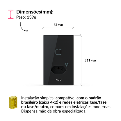 Interruptor Inteligente Zigbee 1 Botão Com Tomada 10A 4x2 Bivolt Preto Neo