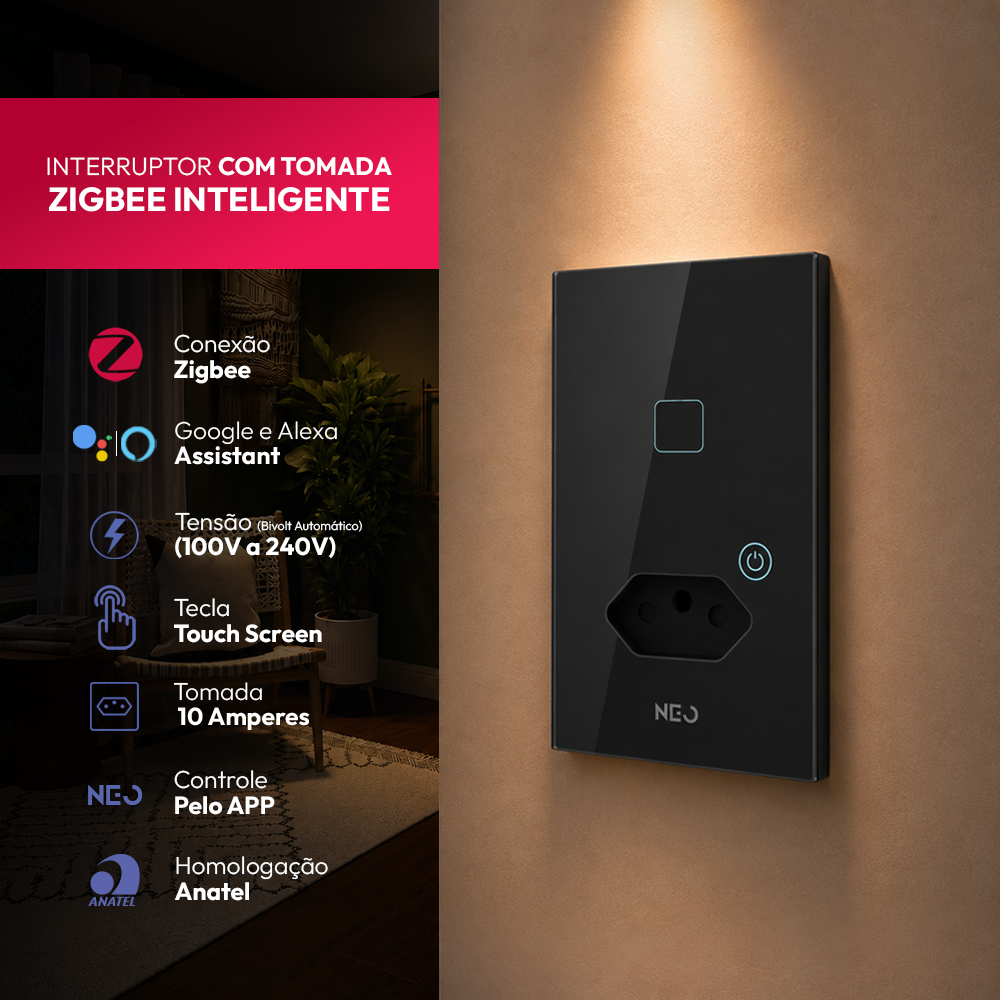 Interruptor Inteligente Zigbee 1 Botão Com Tomada 10A 4x2 Bivolt Preto Neo