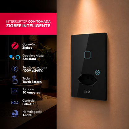 Interruptor Inteligente Zigbee 1 Botão Com Tomada 10A 4x2 Bivolt Preto Neo