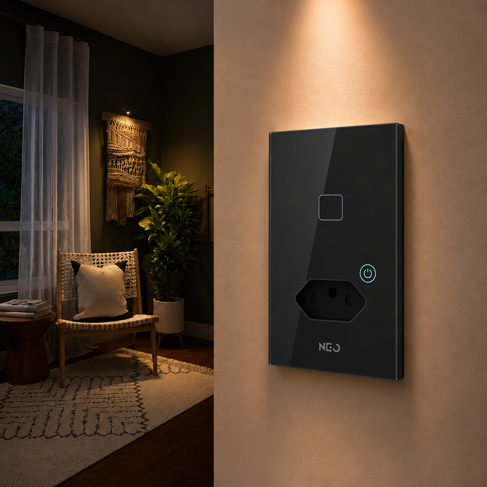 Interruptor Inteligente Zigbee 1 Botão Com Tomada 10A 4x2 Bivolt Preto Neo