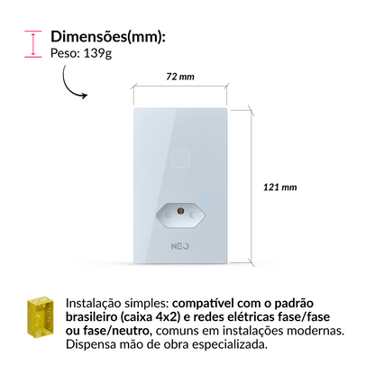 Interruptor Inteligente Zigbee 1 Botão Com Tomada 10A 4x2 Bivolt Branco Neo