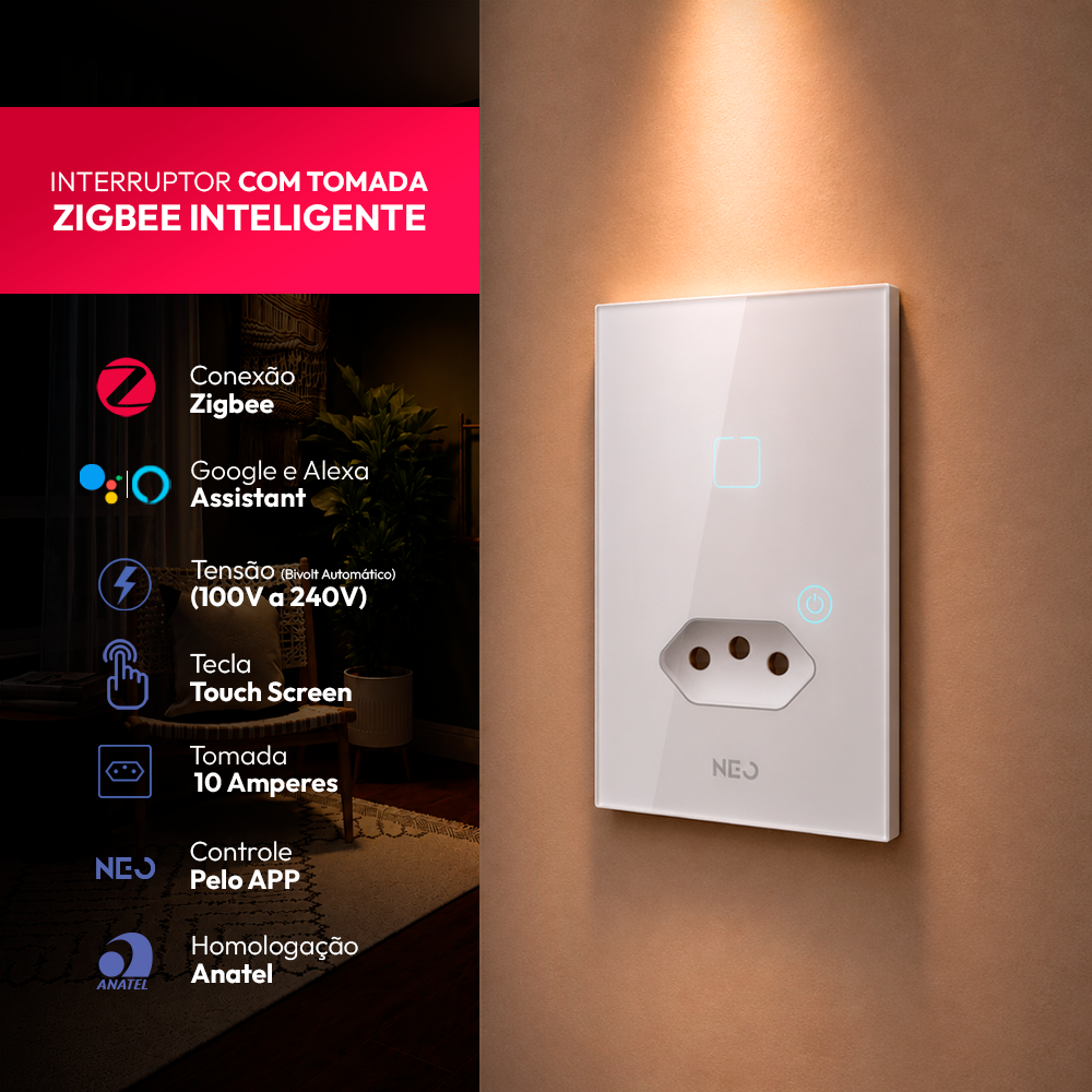 Interruptor Inteligente Zigbee 1 Botão Com Tomada 10A 4x2 Bivolt Branco Neo