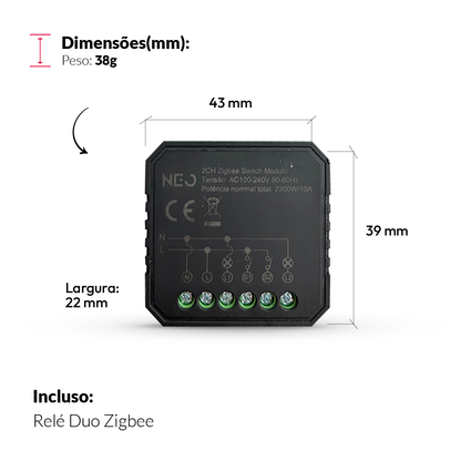 Mini Módulo Relé Interruptor Inteligente Zigbee 2 Canais 5A Neo