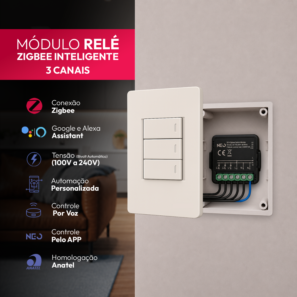 Mini Módulo Relé Interruptor Inteligente Zigbee 3 Canais 3A Neo