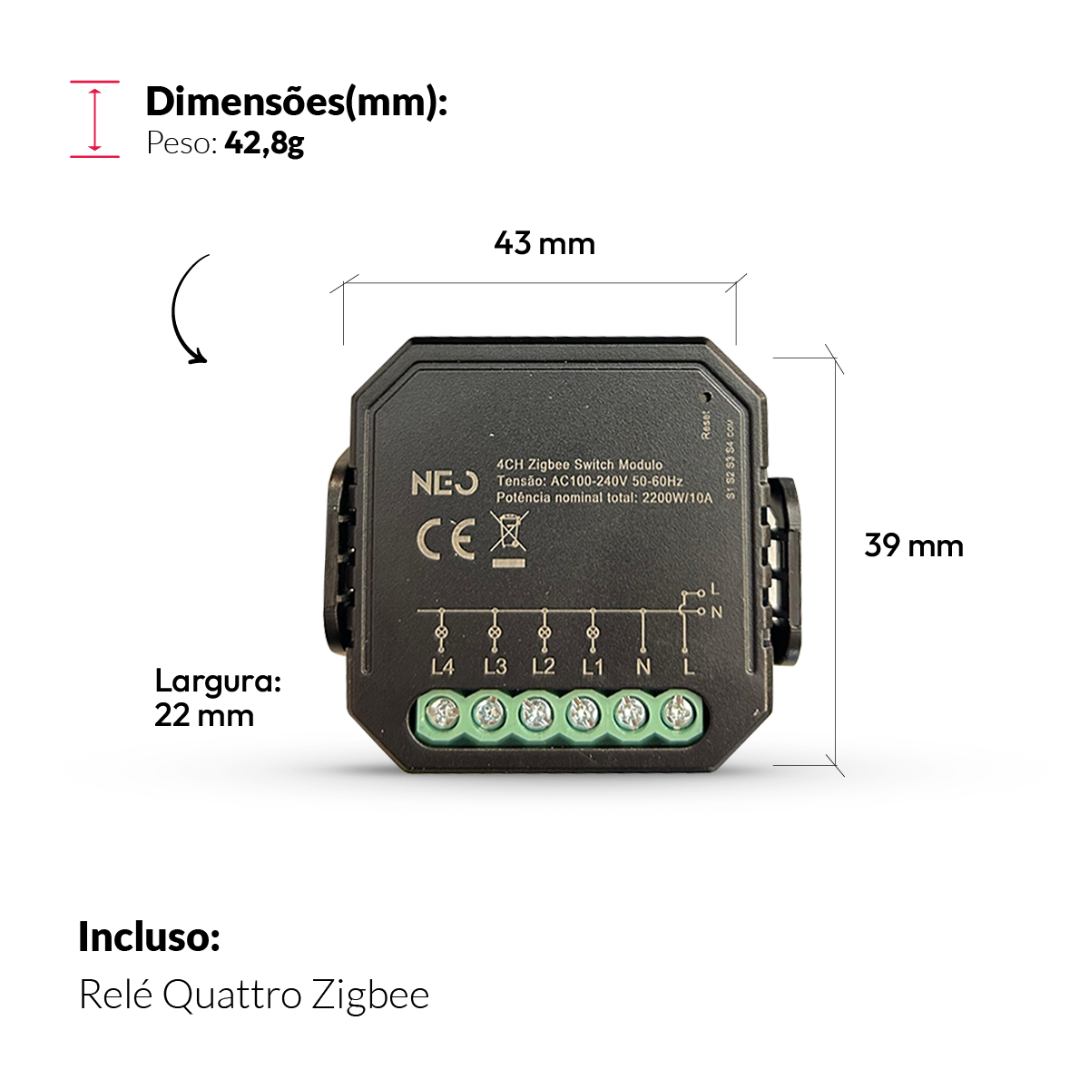 Mini Módulo Relé Interruptor Inteligente Zigbee 4 Canais 5A Neo