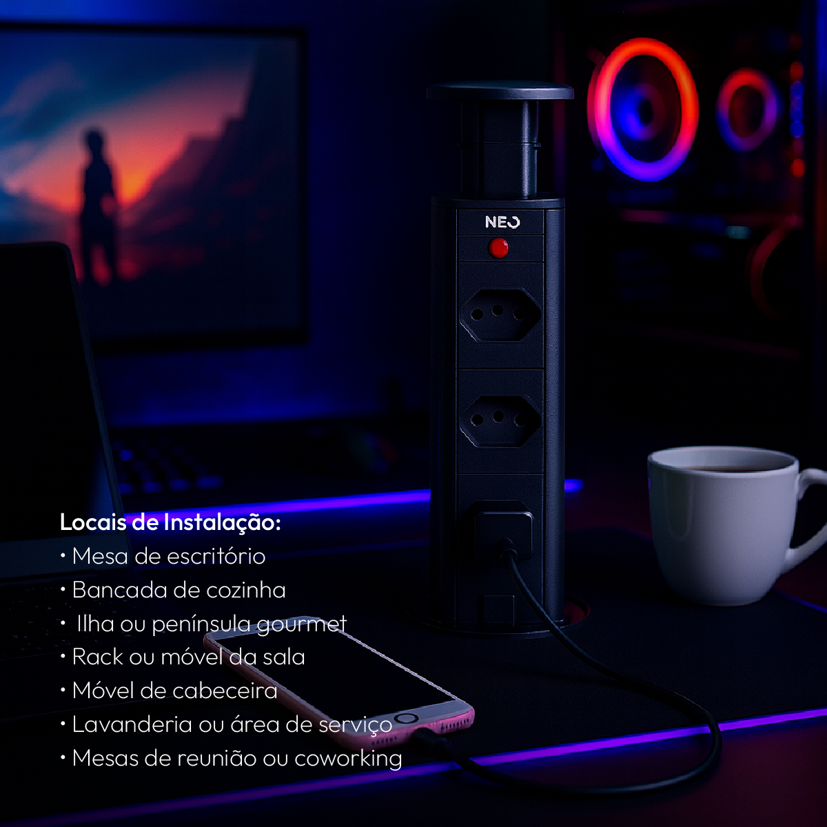 Torre de Tomada Retrátil Preto 3 Tomadas Multiplug Elevor Bivolt