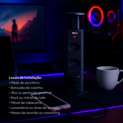 Torre de Tomada Retrátil Preto 3 Tomadas Multiplug Elevor Bivolt