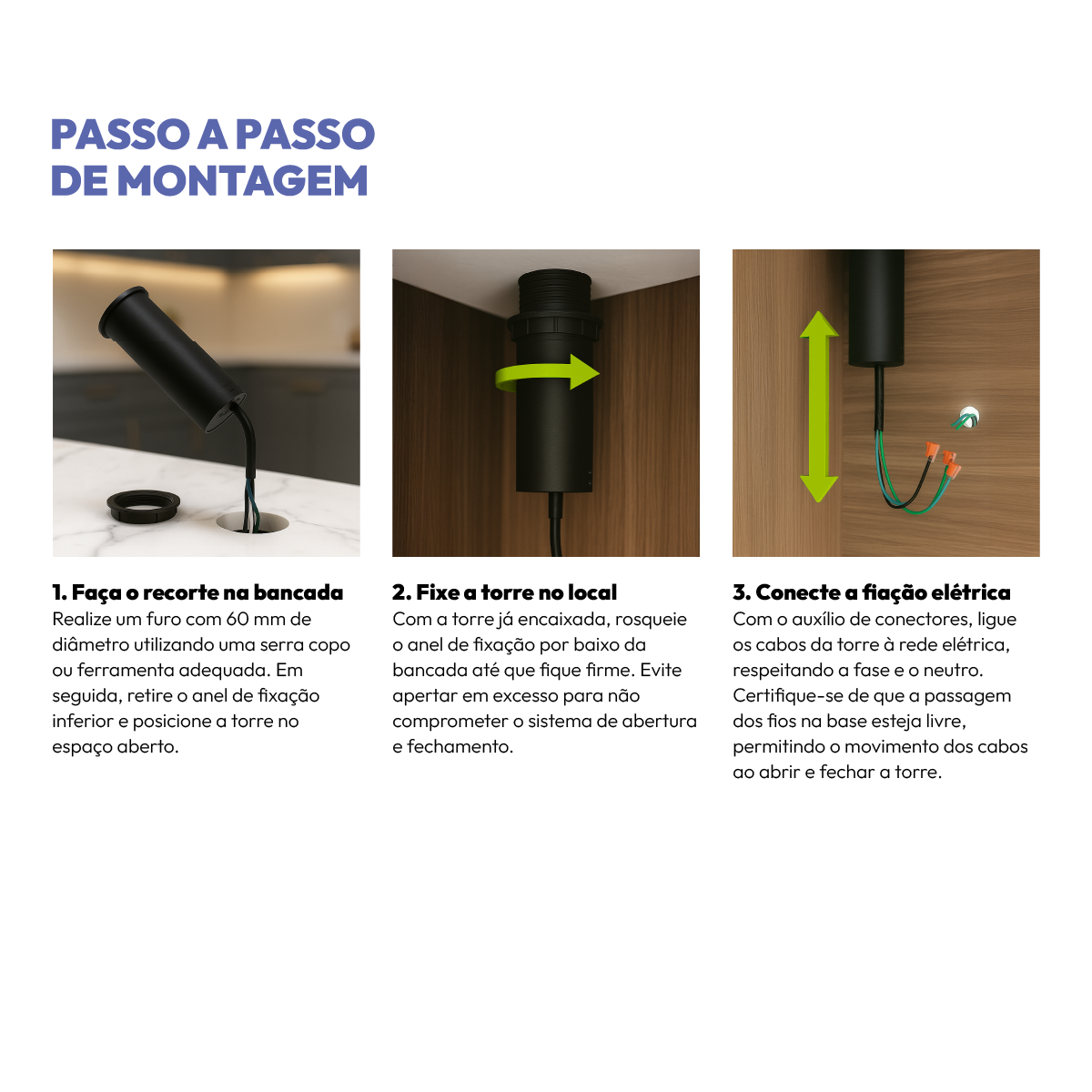 Torre de Tomada Retrátil Preto 3 Tomadas Multiplug Elevor Bivolt