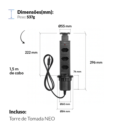 Torre de Tomada Retrátil Preto 3 Tomadas Multiplug Subida Manual Elevor Bivolt