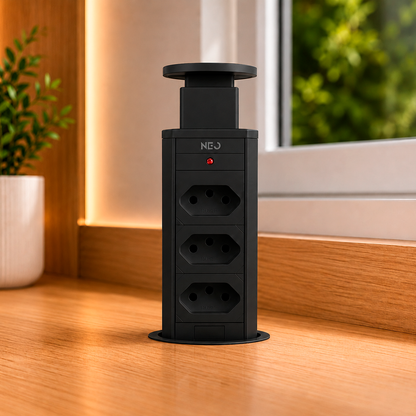 Torre de Tomada Retrátil Preto 3 Tomadas Multiplug Subida Manual Elevor Bivolt