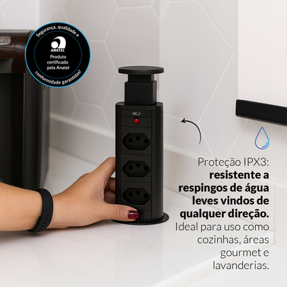 Torre de Tomada Retrátil Preto 3 Tomadas Multiplug Subida Manual Elevor Bivolt