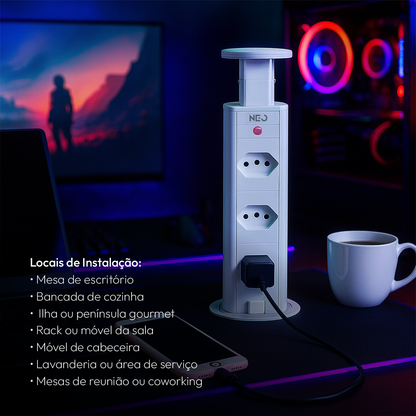 Torre de Tomada Retrátil Branco 3 Tomadas Multiplug Elevor Bivolt