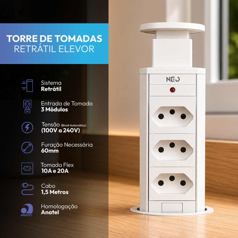 Torre de Tomada Retrátil Branco 3 Tomadas Multiplug Subida Manual Elevor Bivolt